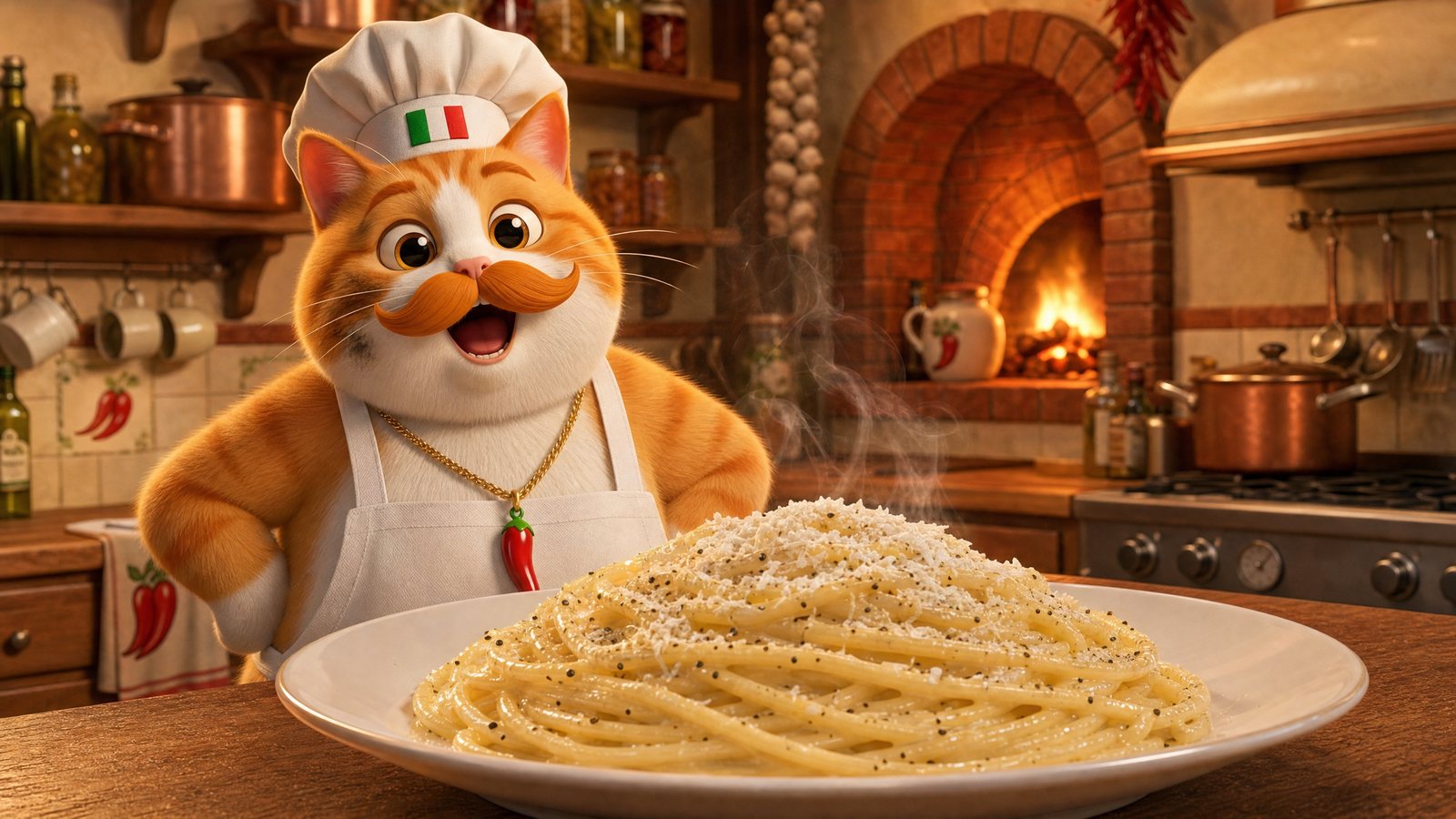 A white plate of glossy cacio e pepe, coated in pecorino and cracked black pepper, steaming on a wooden table in front of Chef Fufi.