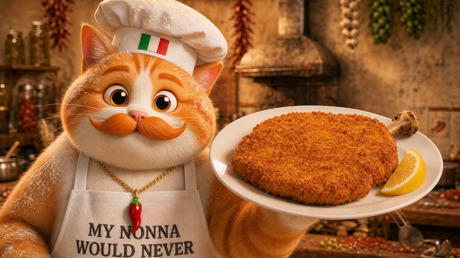 Chef Fufi holding out a white plate with a thick golden bone-in cotoletta and a wedge of lemon.