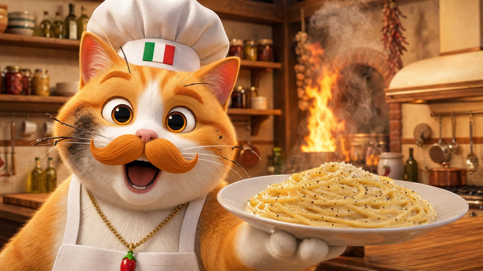 Watch the latest episode, Cacio e Pepe — Fufi, soot-smudged, holds out a finished plate of pasta while a fire burns behind him.
