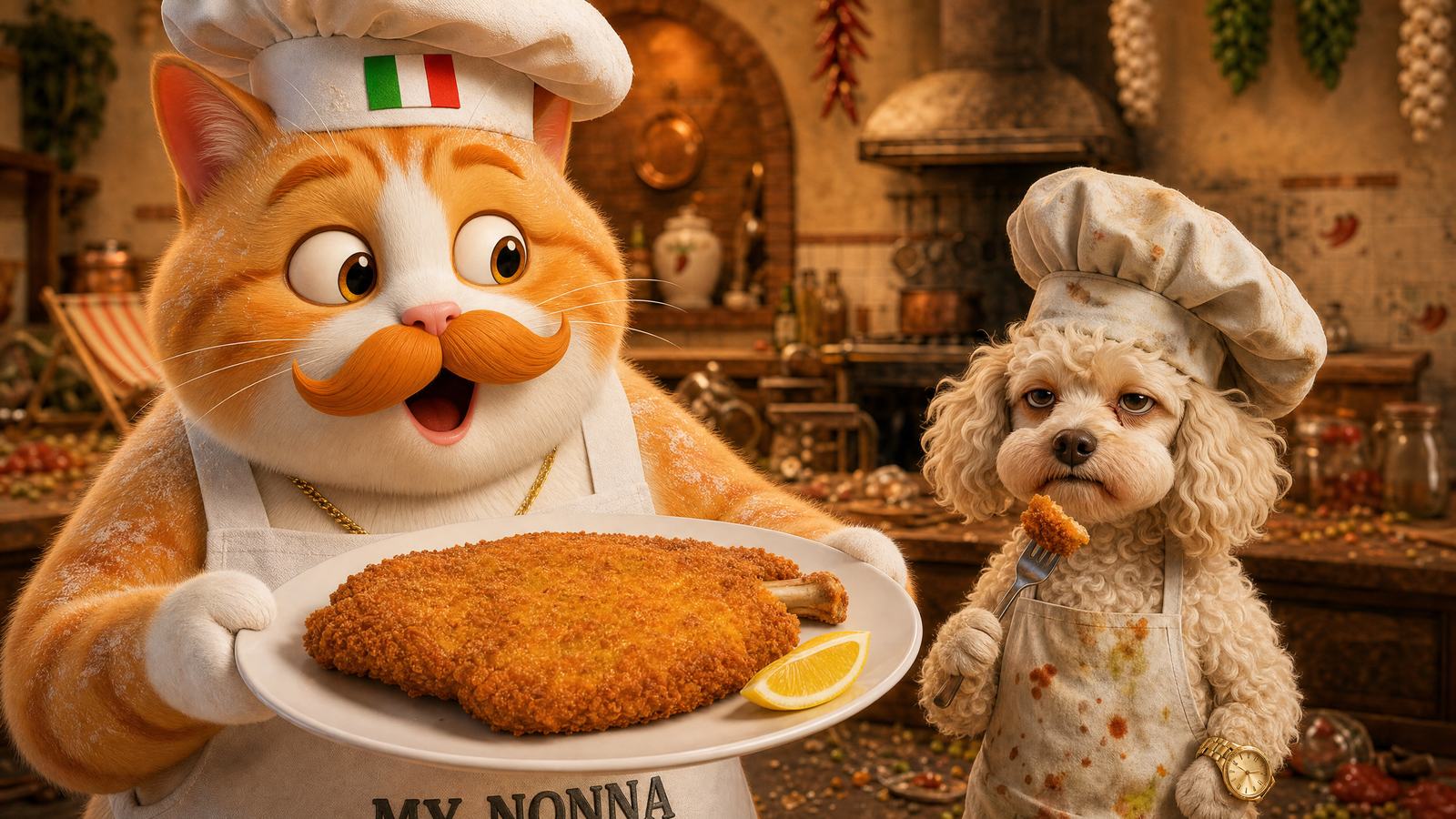 Watch Episode Two, Cotoletta alla Milanese — Fufi holds out a golden bone-in cotoletta while Vincenzino, beside him, eats a piece off a fork.