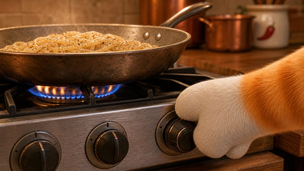 A cat’s paw turning off the gas knob under a pan of peppered spaghetti.