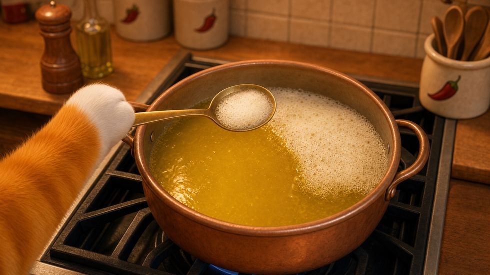 A cat’s paw lifting a spoonful of white foam off the surface of melted butter in a copper pan.