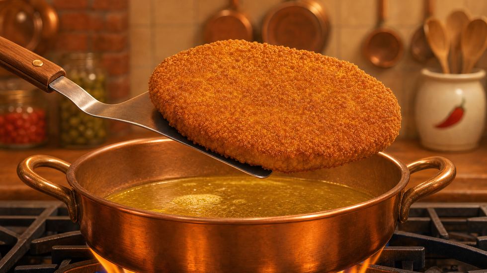 A breaded veal chop lifted on a fork above a copper pan to show an even deep-gold underside.